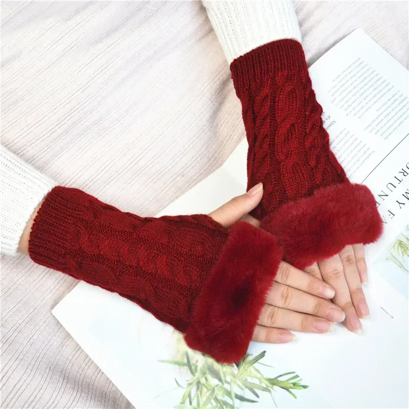 Gants en fausse fourrure pour femmes, chauffe-mains, automne-hiver, bras Crochet, mitaines en fausse laine tricotées, gants chauds sans doigts