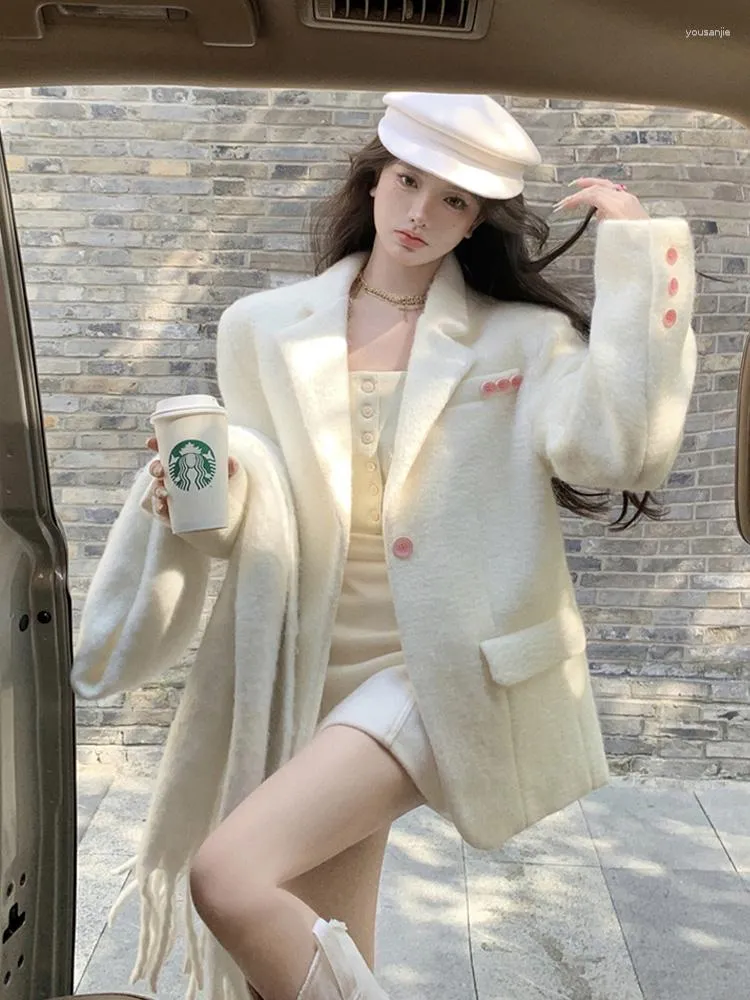 Women's Suits Shoulder Padded Suit Woolen Coat Autumn And Winter Thickened Korean Style High-end Small Mid-length Blazer Jacket