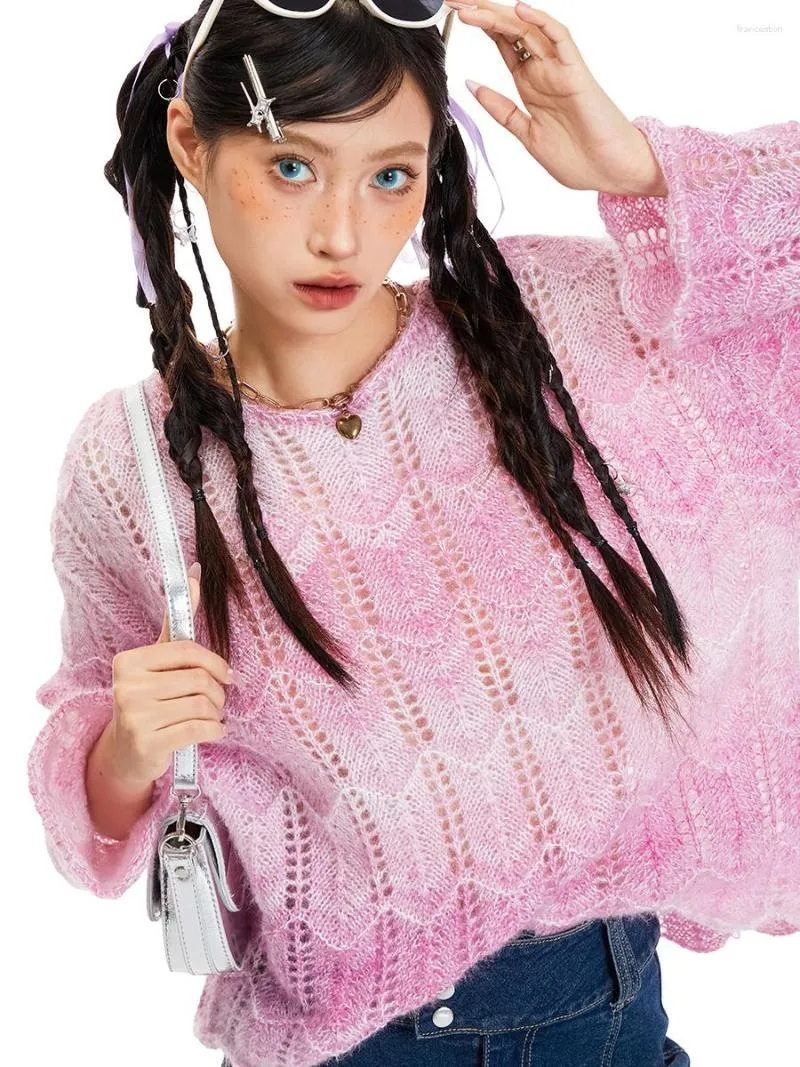 Damenpullover Wsevypo Farbverlaufsausschnitt-Strickpullover für Damen, süße E-Girl-ästhetische Strickwaren, Frühlings- und Herbst-Fee-Pullover-Oberteile