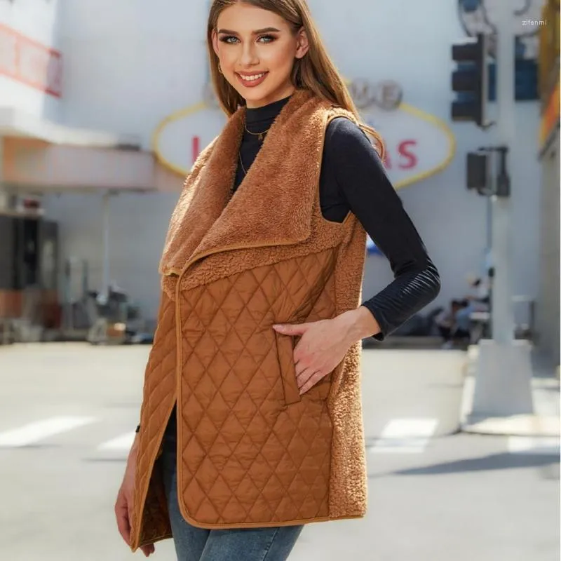 Gilets pour femmes mode polyvalent peluche épissé Cardigan sans manches manteau gilet solide automne/hiver débardeur