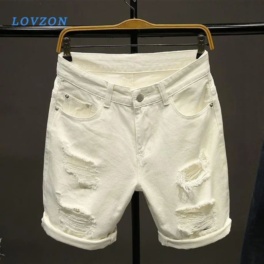 Män vit denim shorts nya sommar män hål korta jeans bomull sträcker casual222c