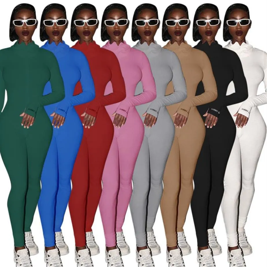 Ribbed Lucky Label Sexy Bodycon Jumpsuit Women Zipper One Piece Outfits Solid Long Sleeve Womens Female241m