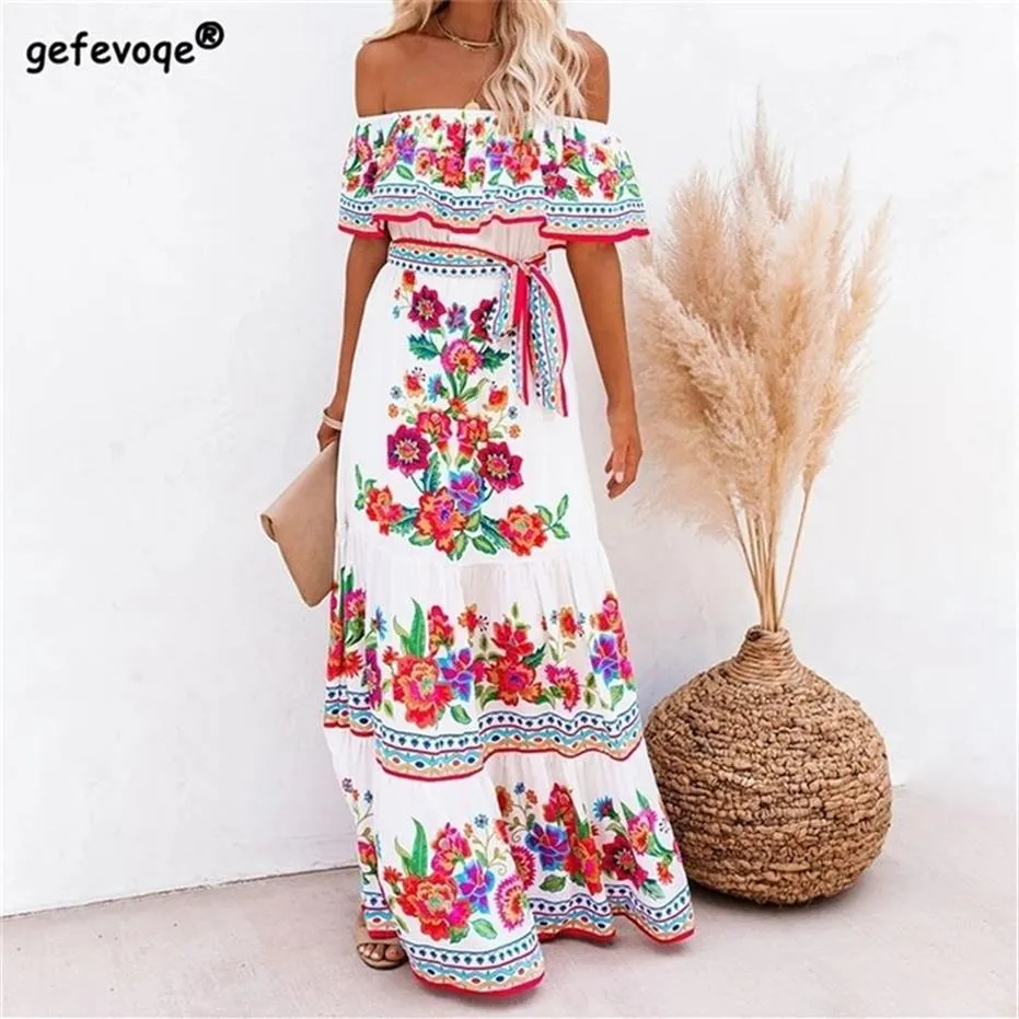 Zomer Print Vintage Lange Jurken Voor Vrouwen Sexy Off Schouder Ruche Mode Boho Party Maxi Jurk Dames Strand Zonnejurk 220613285D