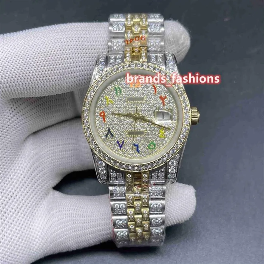 Montre-bracelet en diamant glacé pour hommes, cadran en or, échelle arabe, bracelet en diamants bi-or, entièrement automatique, mécanique, Watc3074