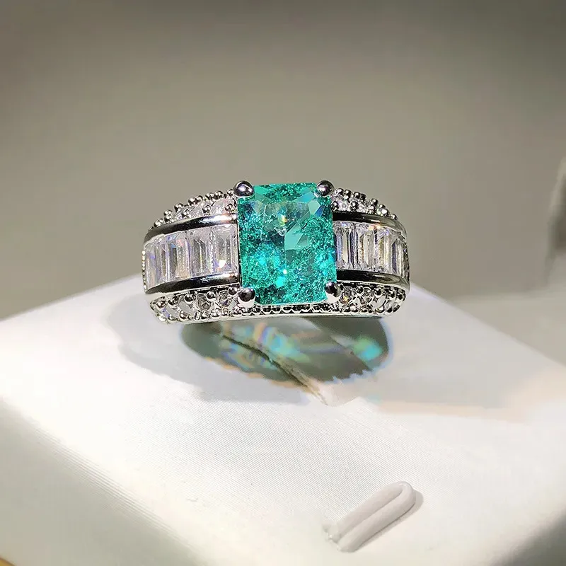 Wedding Rings Fashion Emerald Princess Paraiba Couples Ring For Women Double Full Diamond Crystal Engagement Anniversary Gift Jewelry 231005