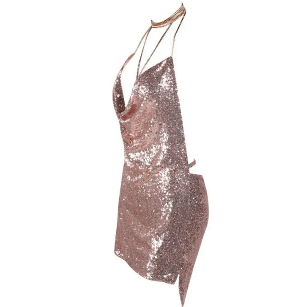 knee length dresses for ladies Pearl Backless Chainmail Mini Dress