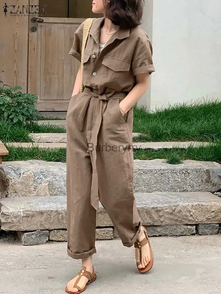 ZANZEA 2023 Summer Linen Jumpsuit Womens Short Sleeve Lapel Neck