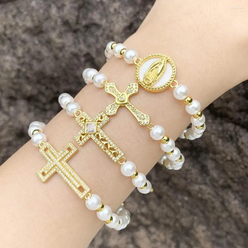 Charm Bracelets FLOLA Catholic CZ Crystal Cross For Women White Pearl Beaded Chain Virgin Mary Amulet Jewelry Gifts Brtf71