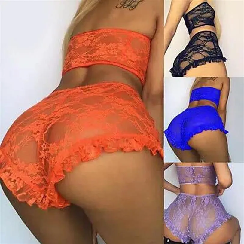 Porn Sexy Mulheres Lace Tulle Lingerie Set Ruffle Pijamas Babydoll Ladies Erótico Bandeau Roupa Interior Roupa de Noite Conjuntos Exóticos Bras2227