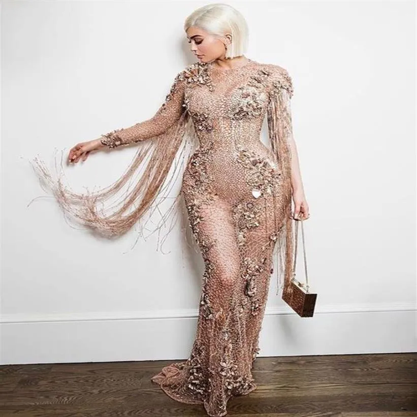 Robe de soirée Ziadnakad Yousef aljasmi Dentelle Sirène Appliques Champagine Long gland Zuhair murad 2018 Kim kardashian Kendall Jenn250u