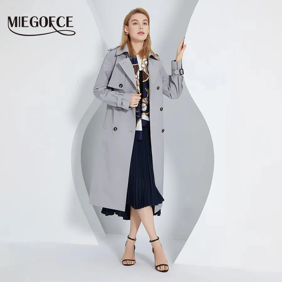 Women Trench Coats Miegofce Spring Autumn British Style Lady Lapel Long Płaszcz Solidny Pasek Kolorowy Szalik Casual Women Parka F22531 230928