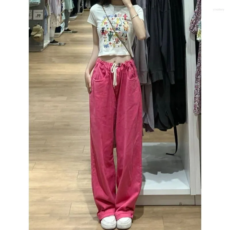 Calças femininas rosa jeans mulher vintage cintura alta perna larga kawaii y2k streetwear moda coreana casual denim calças 90s estética