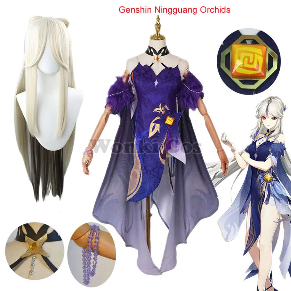 Game Genshin Ningguang Cosplay Costume Ning Guang Cosplay Wig Genshin Impact Orchid Evening Gown Dress