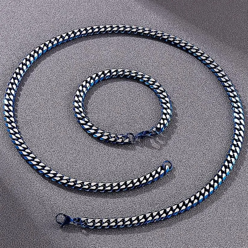 Kedjor 8mm kubansk länk Curb Chain Halsband armband uppsättning för män Gyllene blå rostfritt stål Halsband armband MAN AC2790