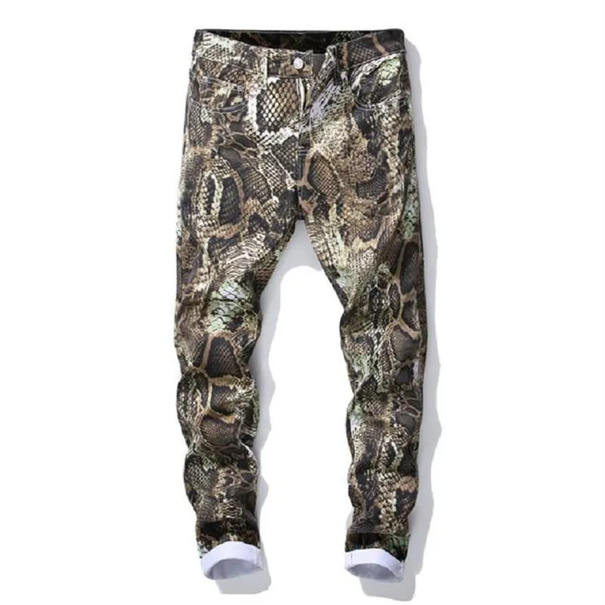 Pantalones vaqueros con estampado de piel de serpiente para hombre, ropa de calle de estilo Hip Hop, elásticos, ajustados, rectos, pintados de colores, a la moda, 2731