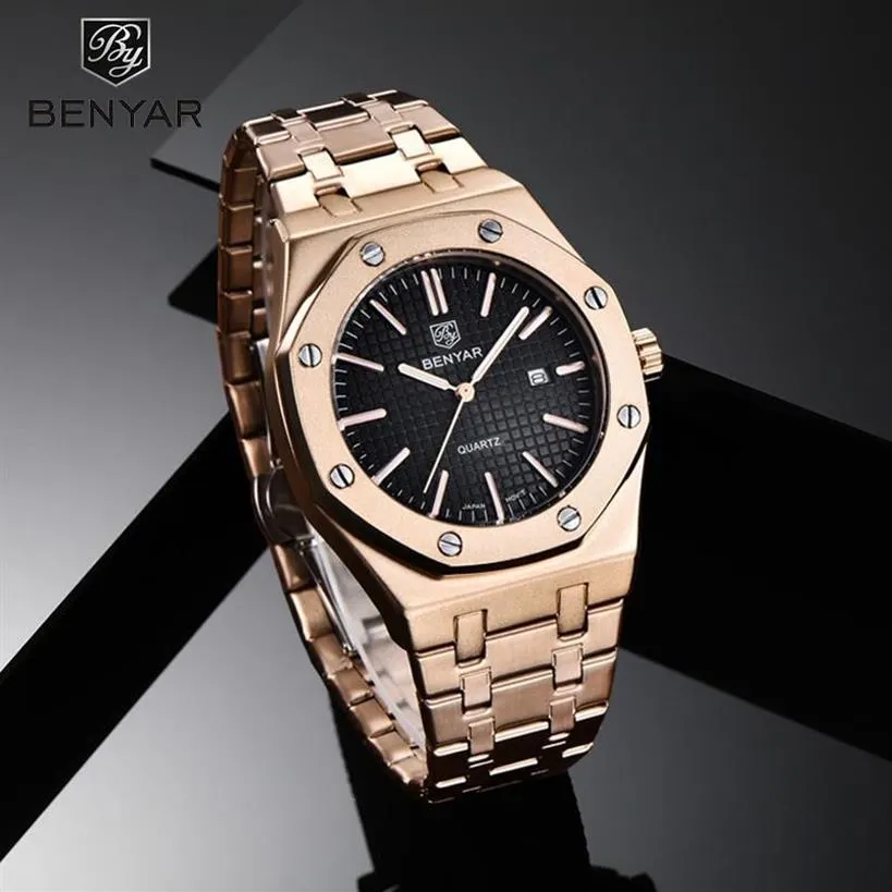 Armbandsur 2021 Benyar Quartz Mens Watches Gold Wristwatch Men rostfritt stål vattentätt klocka enkel klocka relogio masculin288m