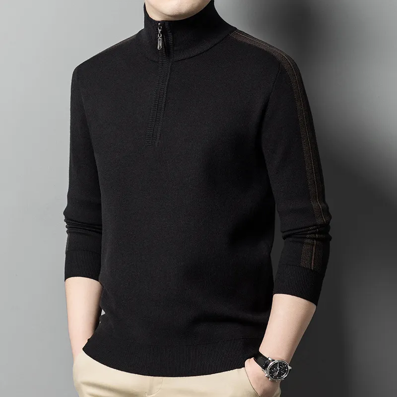 Pull polo décontracté à manches longues et col roulé pour homme, coupe ajustée, fermeture éclair quart de tour