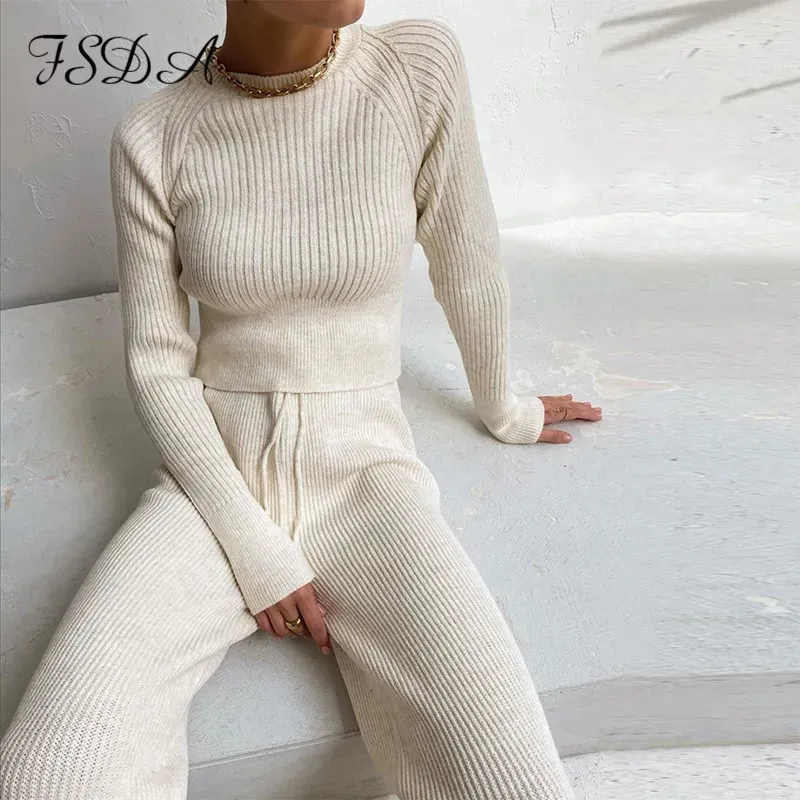 Kvinnors tvåbitar byxor FSDA -kvinnor sätter tröja topp långärmad och cyklist Autumn Winter White Casual Warm Outfits Knittad 231005