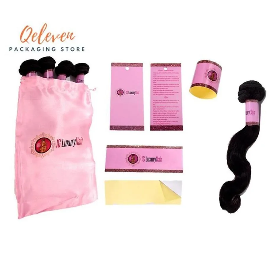 Customized Virgin Hair Packaging Set Hair Bundle Wraps Paper Stickers Hang Tags Silk Satin Packging Bags229C