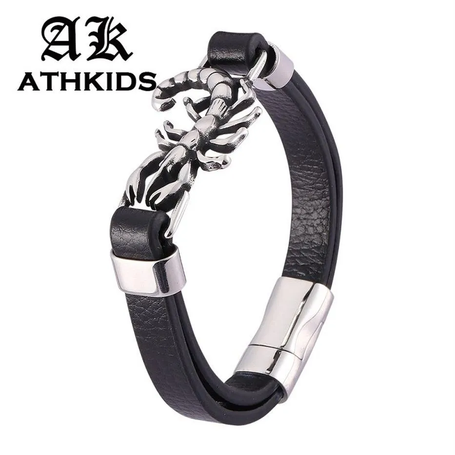 Personality Stainless Steel Scorpion Bracelet Men Jewelry Black Leather Bangles Magnet Buckle Male Wrist Band PD0477237E