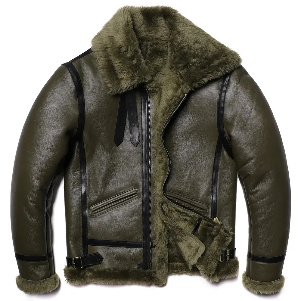 Men s Leather Faux Green Thick Sheep Shearling Wool Jacket Original Ecological Fur Genuine Sheepskin Male Warm Coats Flight Jackets 231005