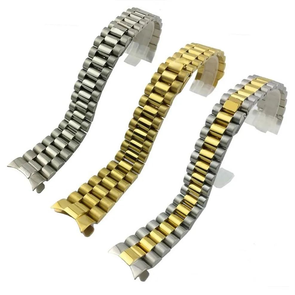 Uhrenarmbänder Zubehör für Log-Typ Drei-Perlen-Massivtauch-Edelstahlband Präsidentenschnalle 20 mm Herren Gold309J