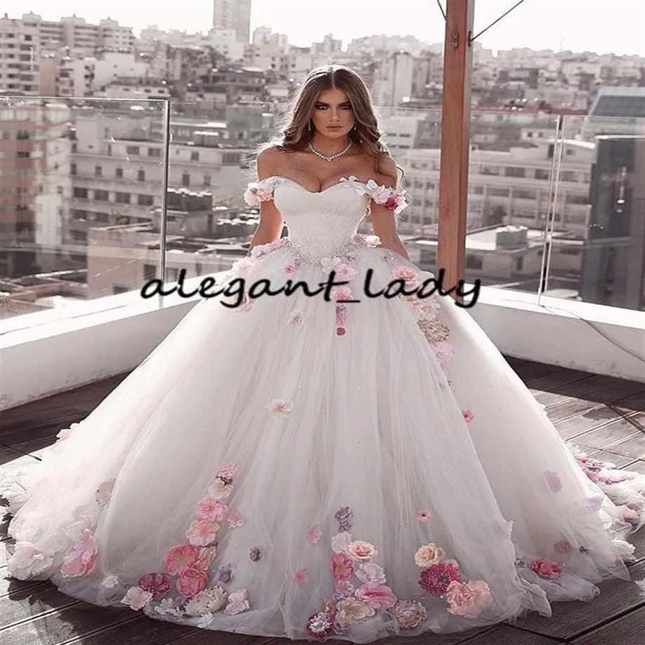 Luxury Ball Gown Wedding Dresses 2023 Sweetheart Off Shoulder Pink Flower Bridal Gown Backless Sweep Train Bride Dress Plus Size234s