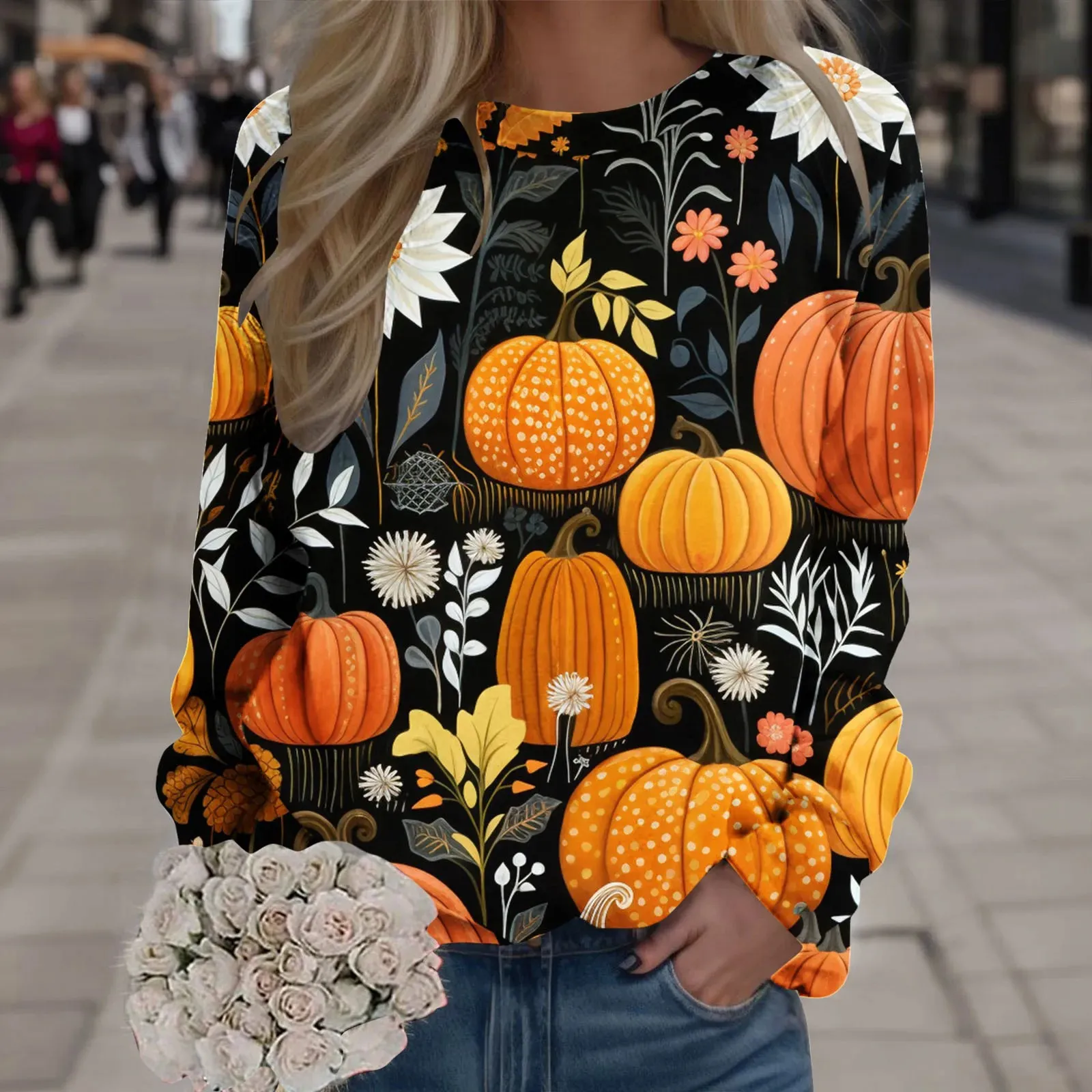 Damen Hoodies Sweatshirts Halloween Grafik Sweatshirt für Kürbis Print Hoodie Rundhals Fit Pullover Langarm Lose Herbst Damen Kleidung 230928