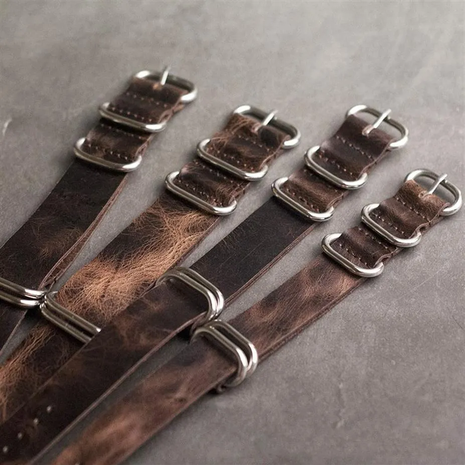 Onthelevel Leather Nato Strap 20mm 22mm 24mm Zulu Strap Vintage First Layer Cow Leather Watch Band med Five Rings Buckle #E CJ191314B