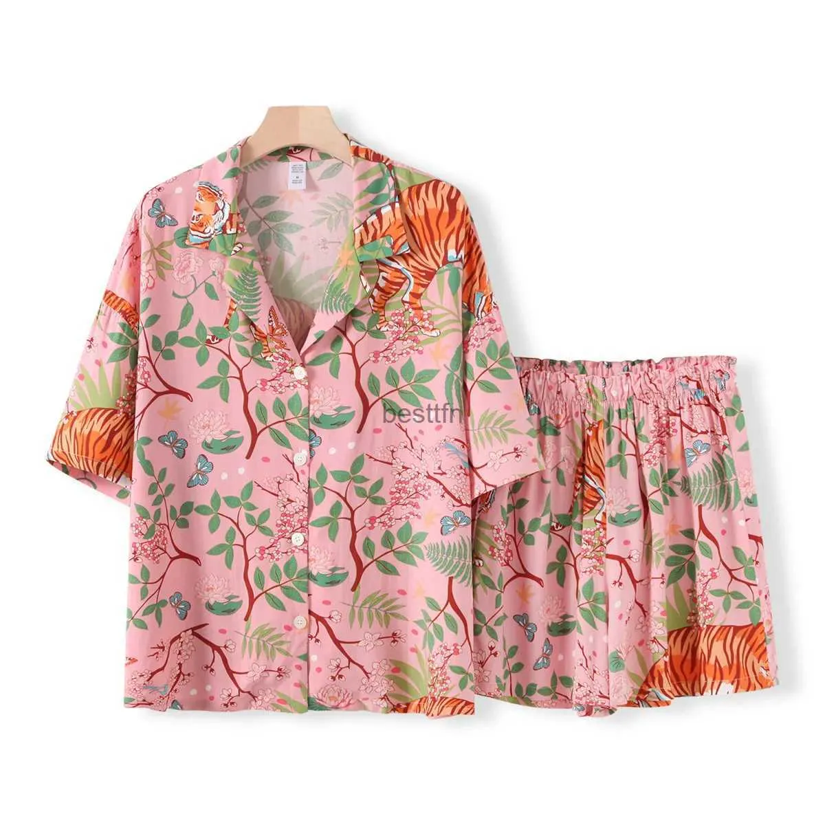 Женские шорты с принтом тигровых животных, пижамы, женский домашний костюм, удобный пижамный комплект из хлопка и вискозы для весенне-летней женской домашней одеждыL231005