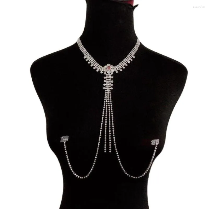 Kedjor 2023 Fashionabla lysande alla Rhinestone Tassel Halsband Kvinnors sexiga underkläder Crystal Nipple Non Perforated Jewelry Bod