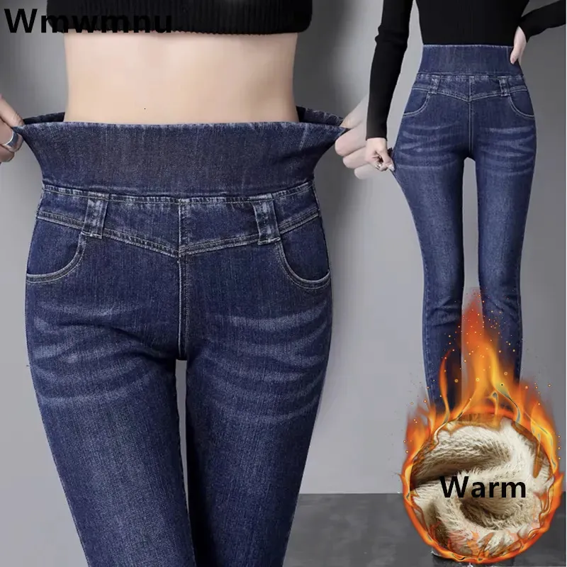 Mulheres jeans cintura alta lápis magro mãe outono inverno engrossar calças jeans quentes casuais veludo forrado vaqueros tamanho grande 38 calças elásticas 231005