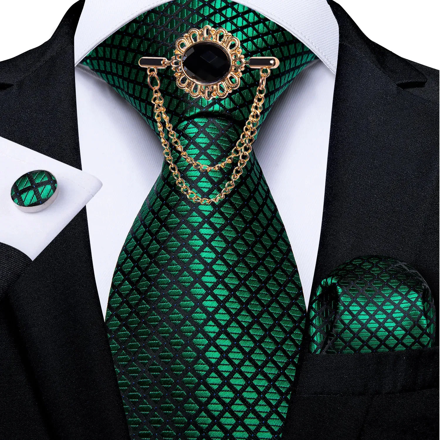 Bow Ties Fashion Green Check Men S krawat z zestawem broszka jedwabne przyjęcie ślubne