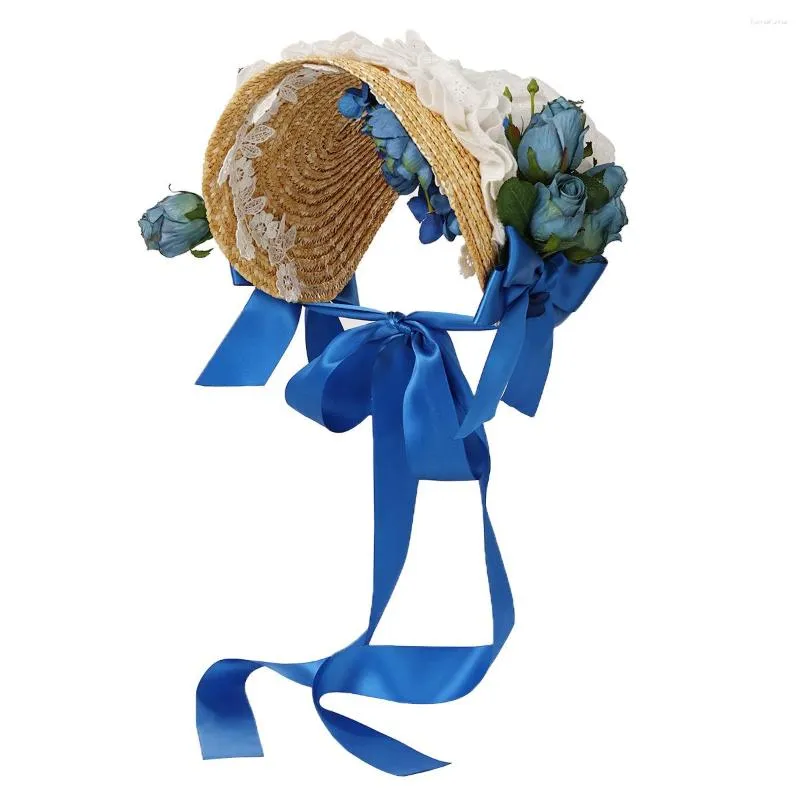 Forniture per feste Cappello di paglia con cofano vittoriano per donna Copricapo cosplay Fiori Berretto piatto con nastro in pizzo