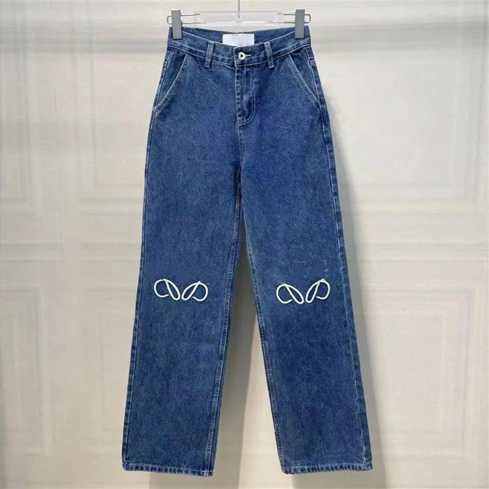 Designer damesjeans aankomst hoge taille straat uitgeholde patch geborduurde decoratie casual blauwe rechte denim broek248d