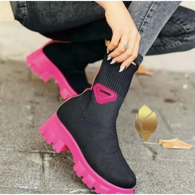 Bottes tricotées à plateforme pour femmes, chaussures à talon épais, couleur unie, élastique à enfiler, grande taille 43 231005