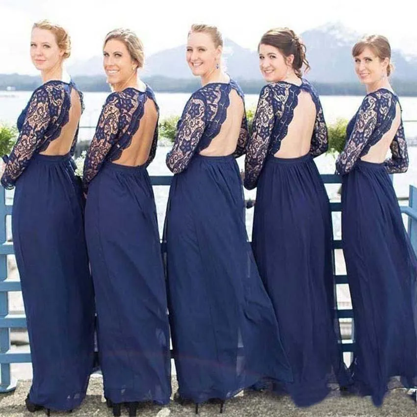 2023 Lace Lace bridesmaid dresses boho with Hollow Back and Chiffon - Country Long Sleeve Wedding Guest Gown for Maid of Honor in Plus Size