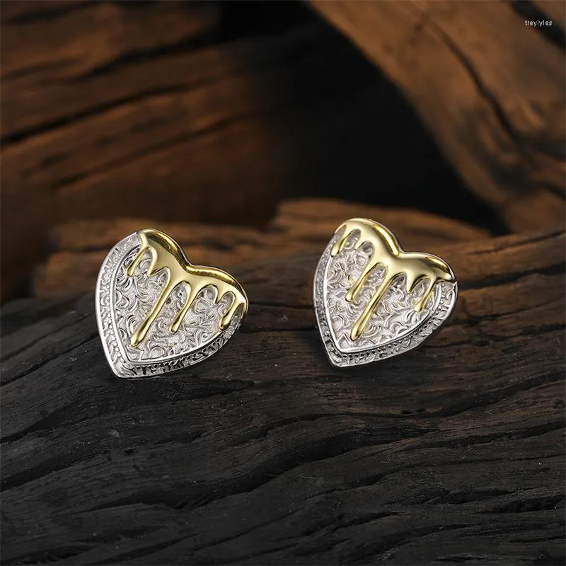 Stud Earrings 925 Sterling Silver TangCao Texture Liquid Heart For Women Unique Design Gold Plated Banquet Jewelry Gift