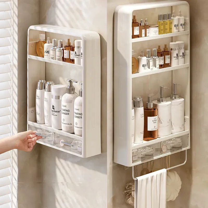 Étagères de salle de bain Organisateur de salle de bain étagères support sans poinçon mural lavabo de salle de bain cosmétique mur de toilette accessoire de rangement multicouche 230927