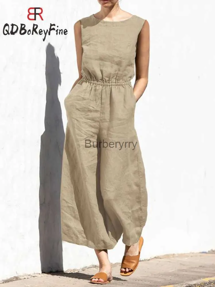 Dames Jumpsuits Rompertjes 2023 Nieuwe Zomer Dames Jumpsuits Elastische Taille Casual Losse Wijde Pijpen Broek Katoen Linnen Korte Mouwloze Rompertjes Overall FeL231005