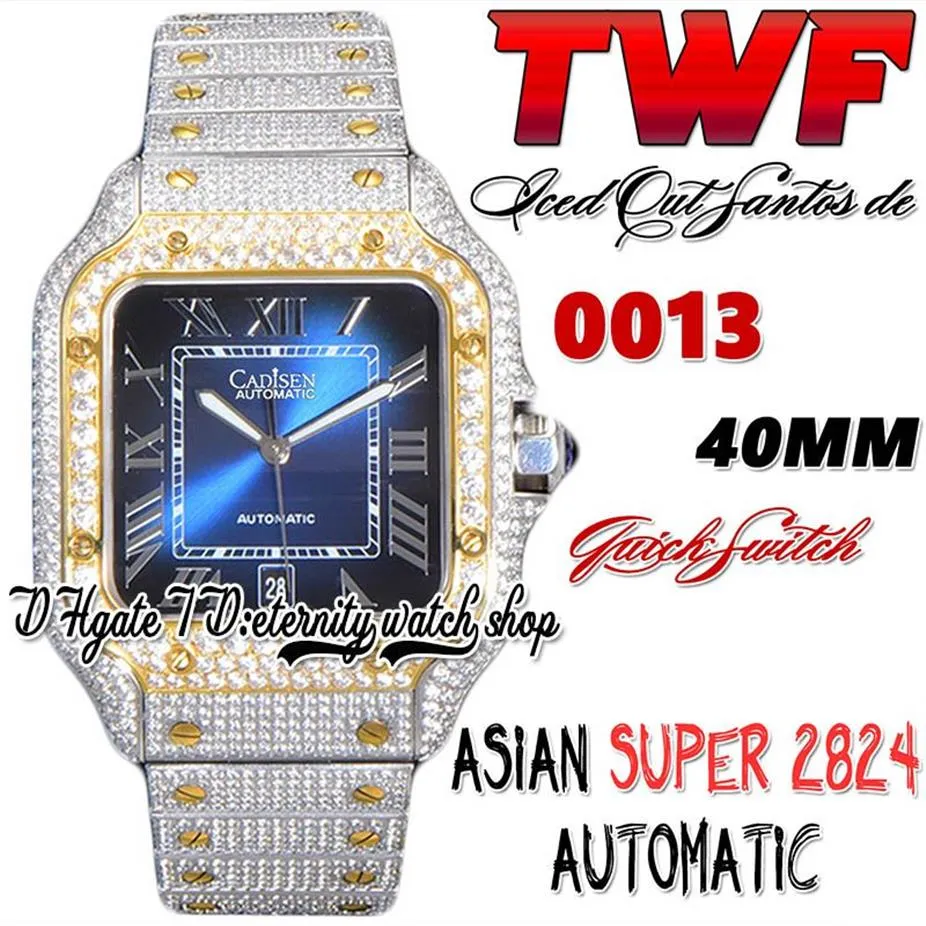 TWF tw0030 Diamants pavés ETA A2824 Montre automatique pour hommes Cadran bleu Marqueurs romains Lunette en or Interrupteur rapide Bracelet en diamant glacé 259F