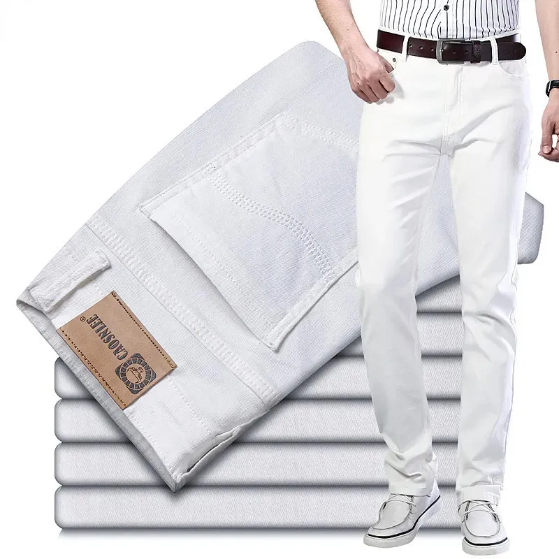 Mens Jeans Spring Summer Classic Business Casual Cotton Slim Trousers Denim Pants White Stretch Regular Fit Low Rise 231005