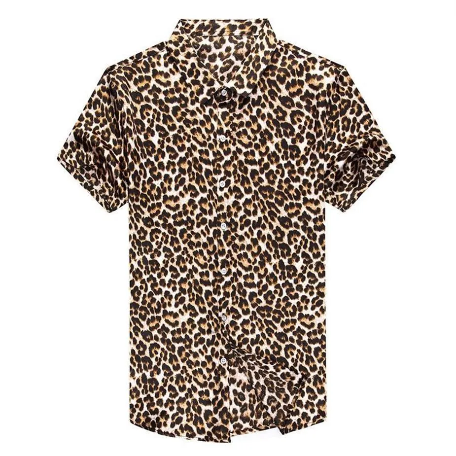 Camisas casuais masculinas leopardo impressão mens 2021 moda seda homens botão para baixo verão plus size roupas social club party dress283k