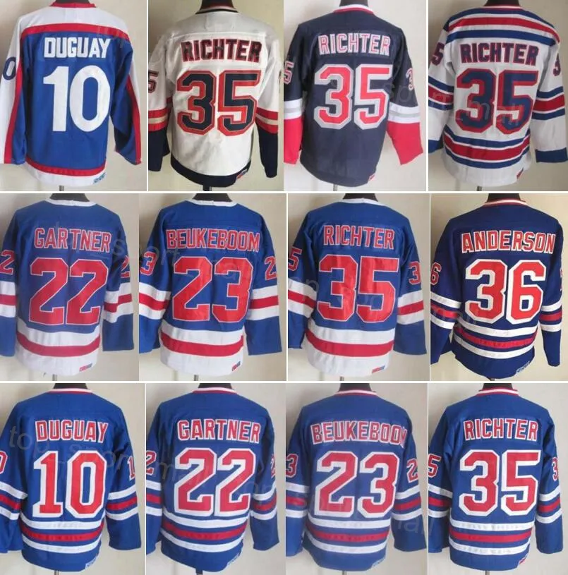 Männer Retro Hockey 35 Mike Richter Jersey Vintage 10 Ron Duguay 22 Mike Gartner 23 Jeff Beukeboom 36 Glenn Anderson 91-92 75. Jahrestag Ruhestand CCM Stickerei Team