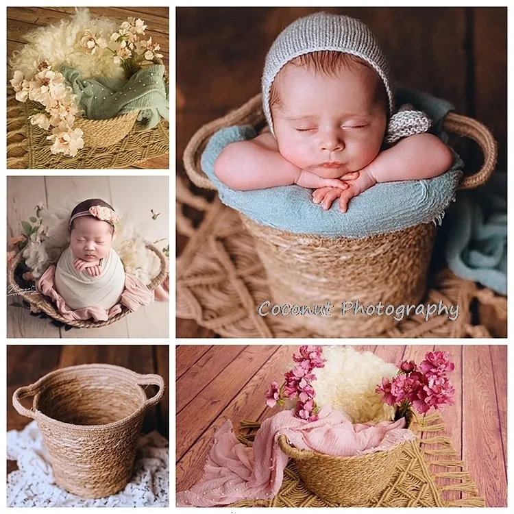 Coconut Newborn photography Props Natural Linen Weaving Barrel Bed Fotografia Infantil Baby Posing Sofa Handwoven Basket Boy