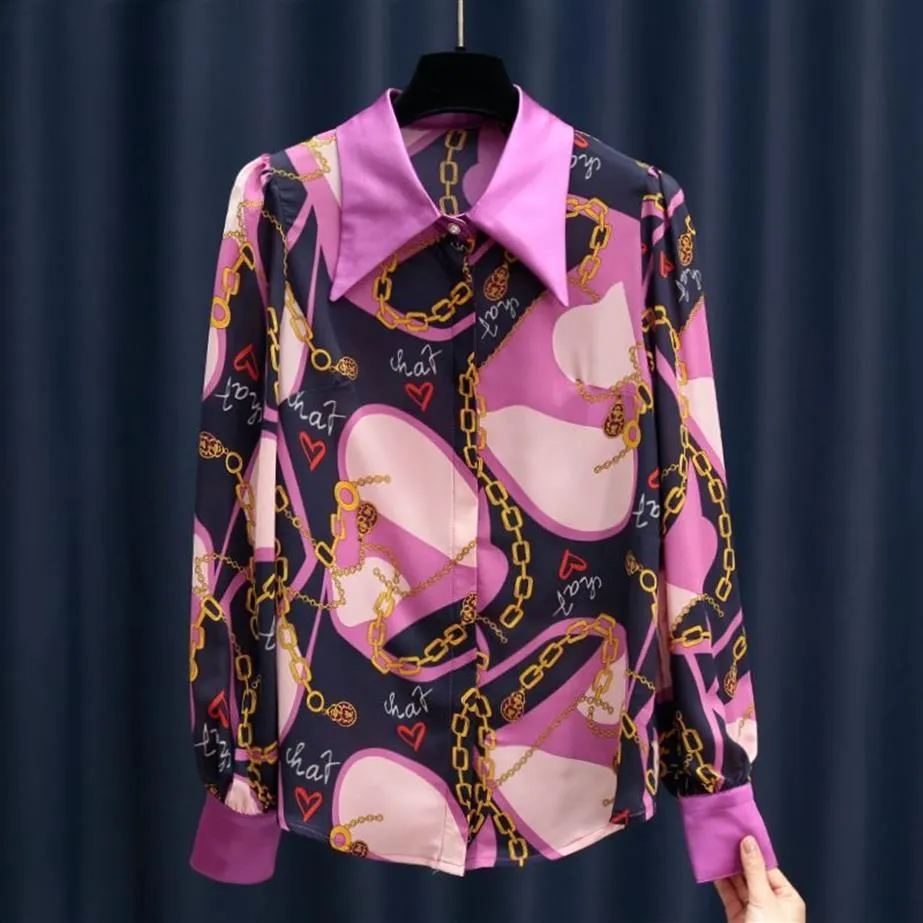 Herfst Mode ontwerp vrouwen kraagvorm lange mouwen kettingen print patroon chiffon blouse shirt plus size SMLXLXXL321V