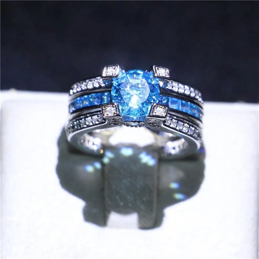 Mode vitguldfyllda bröllopsparringar Solitaire Aquamarine Simulated Diamond CZ Finger Rings for Bride Unique Gift Size5-230o