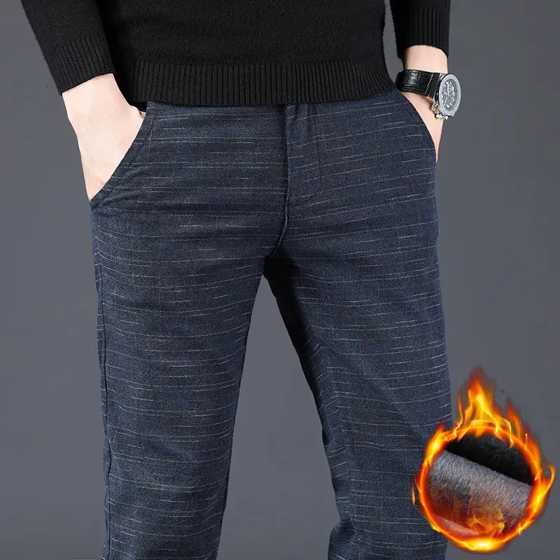 Pantaloni da uomo inverno calda slim rettilinea autunno spesso imitazione di cotone in cotone spazzolato pantaloni a quadri casual 231005