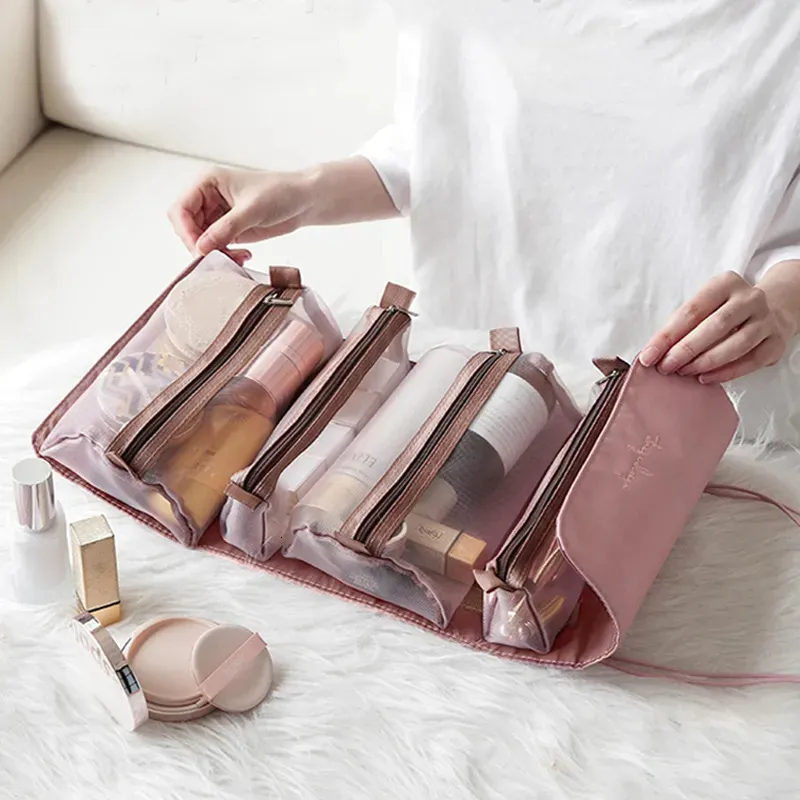 Kosmetiska väskor kvinnors kosmetiska väska vikbar researrangör hängande nylonnät separerbar toalettartikarpåse förvaring makeup väska kosmetyczka 231005