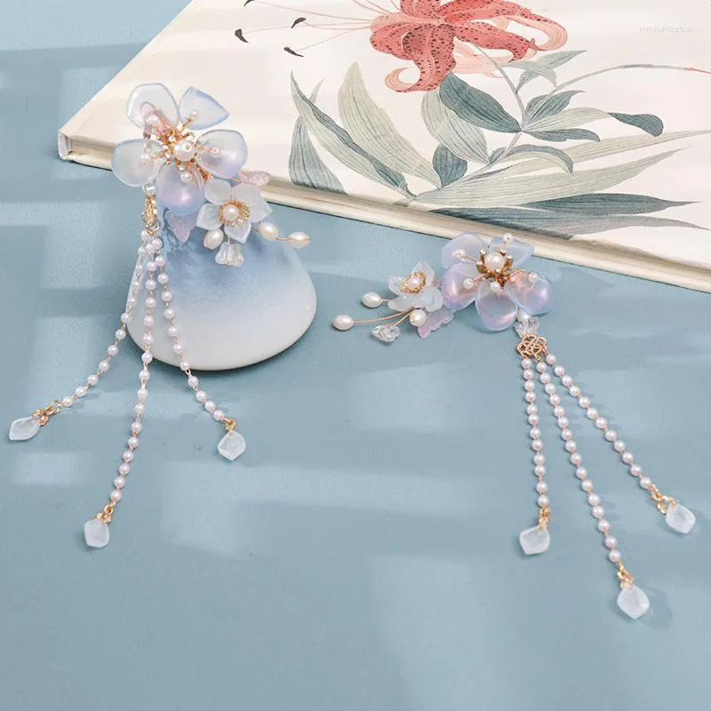 Klipy do włosów bajki perły dziewczęta chińskie hanfu akcesoria 2pcs Tassel Floral Bride Retro Hair Spin Vintage Tiaras Bijoux